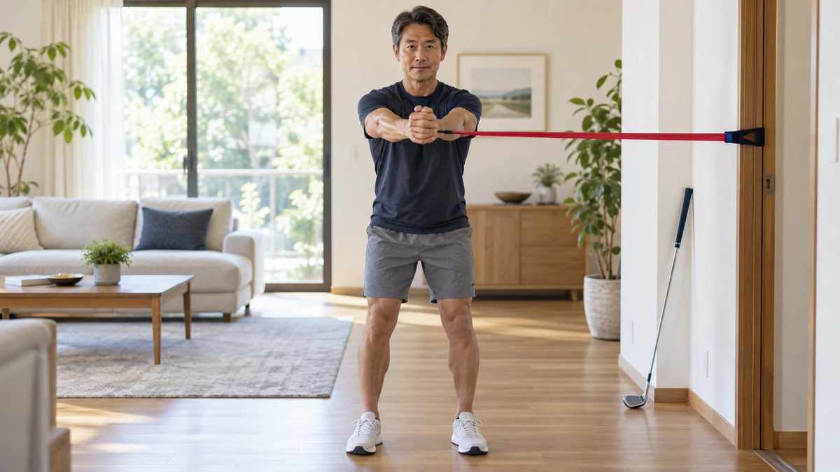 体の横のドアに固定したチューブを胸の前でまっすぐ押し出し、体がひねられないよう耐えている中年ゴルファー