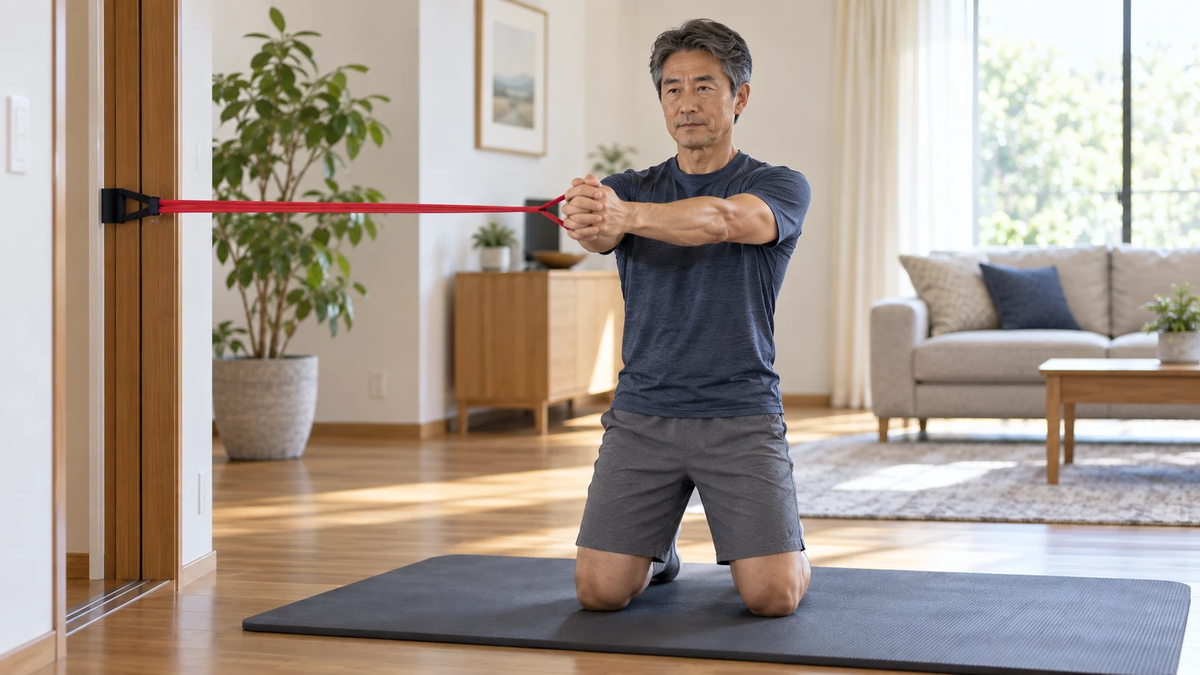 両ひざ立ちで、体の横から引っぱるチューブを胸の前にまっすぐ押し出すパロフプレス