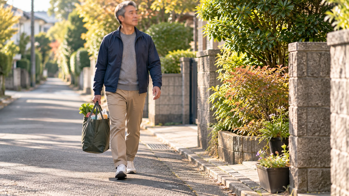 片手に買い物袋を持ち、体を傾けずにまっすぐ歩く男性
