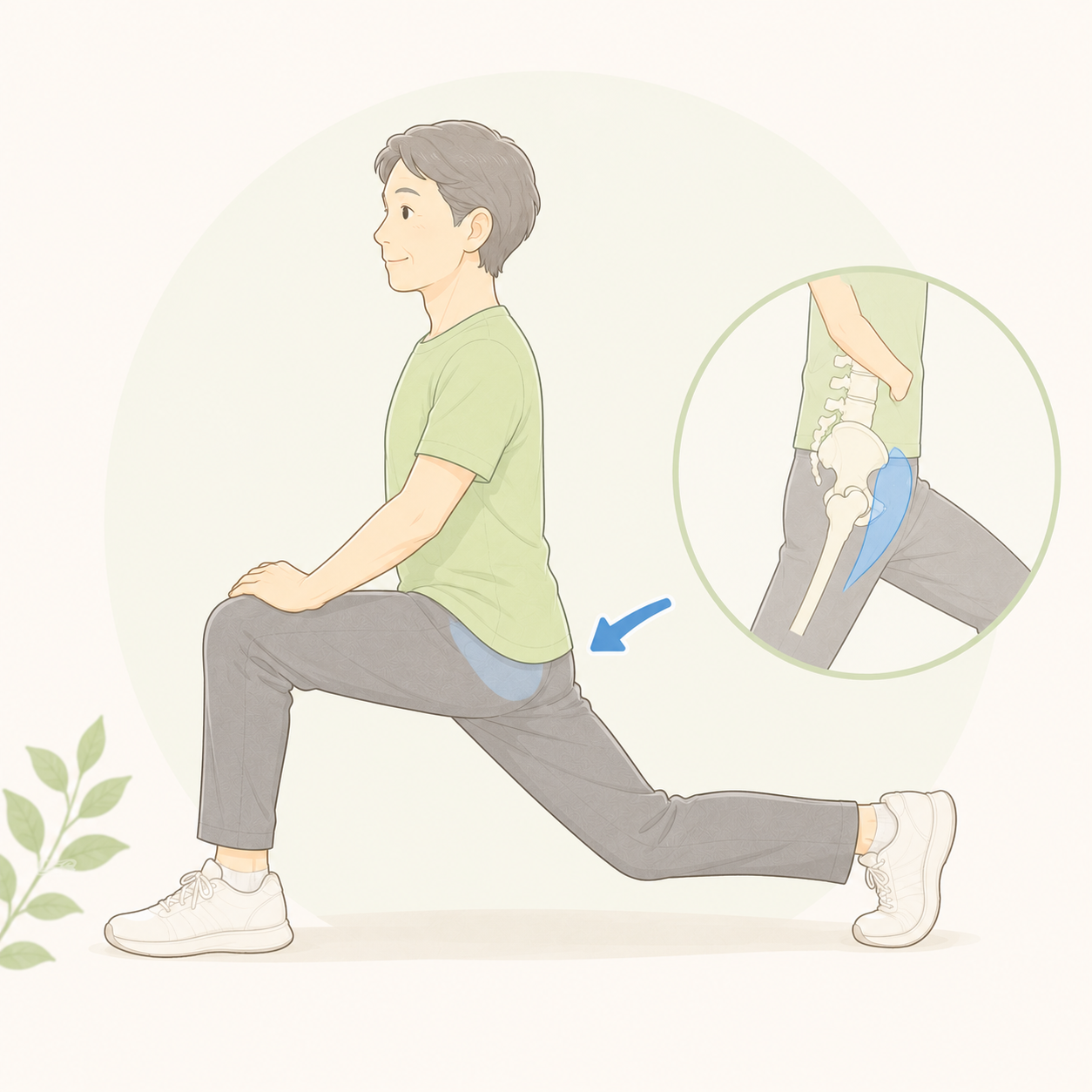 片足を前に踏み出して腰を落とし、後ろ足のつけ根（股関節の前）を伸ばすストレッチ