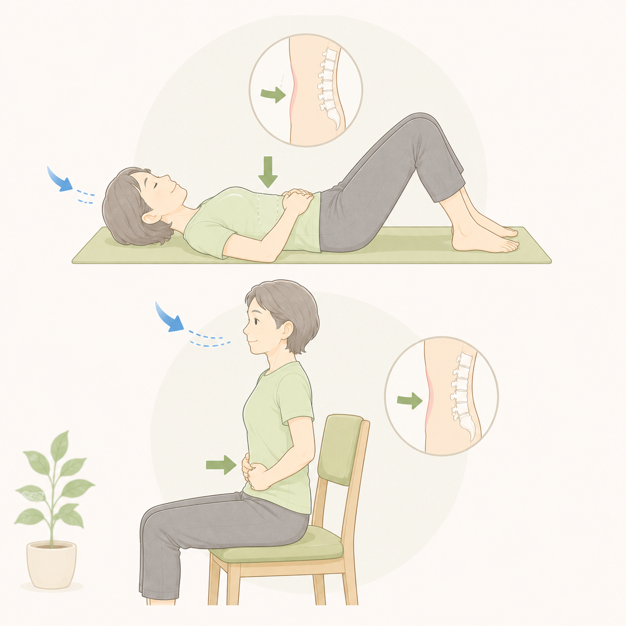 あおむけまたは座って、息を吐きながらおへそを背中に近づけるようにお腹をへこませるドローイン