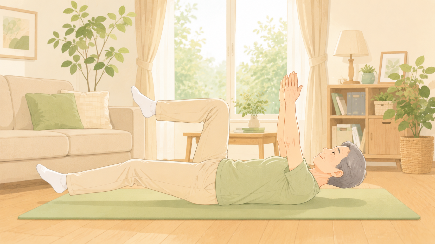 自宅でゆったり体幹トレーニングをする人のイラスト