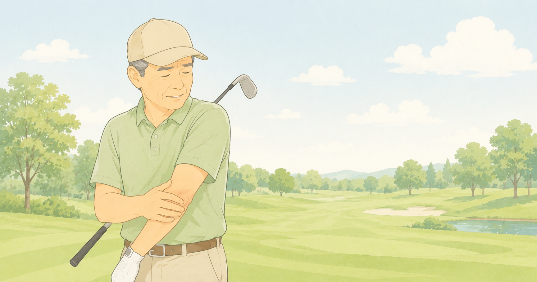 ゴルフのスイングで肘に手を当てる人のイラスト