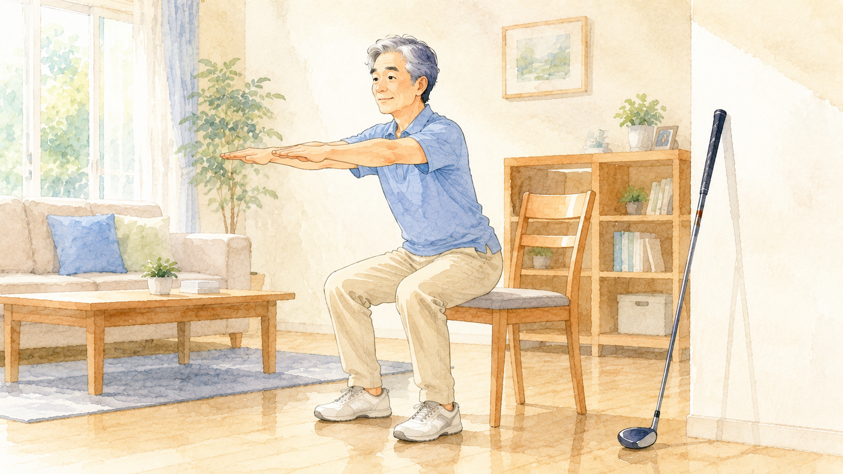 椅子を使って下半身のトレーニングをするゴルファーのイラスト