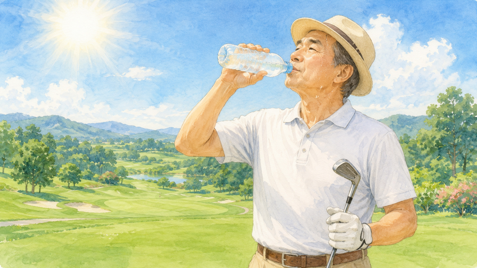 夏のゴルフ場で水分補給をするゴルファーのイラスト