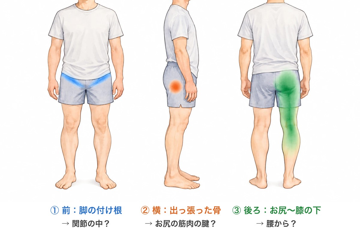 脚の付け根（前）、太ももの付け根の外側（横）、お尻から脚の後ろ（後ろ）の3か所を色分けした図