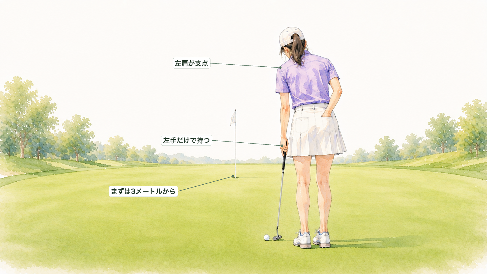 左手だけでパターを持ち、左肩を支点にストロークする練習の図。後ろから見たところ
