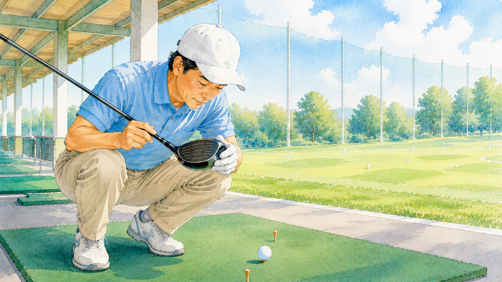 ティーを2本立てて打点を確かめる練習をするゴルファーのイラスト