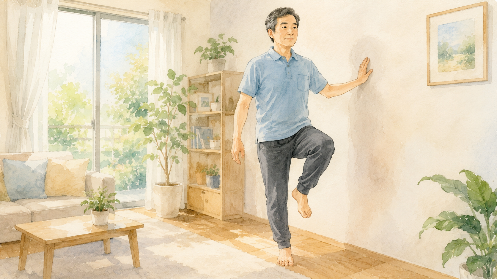 壁に手を添えて片脚立ちのバランス練習をするゴルファーのイラスト