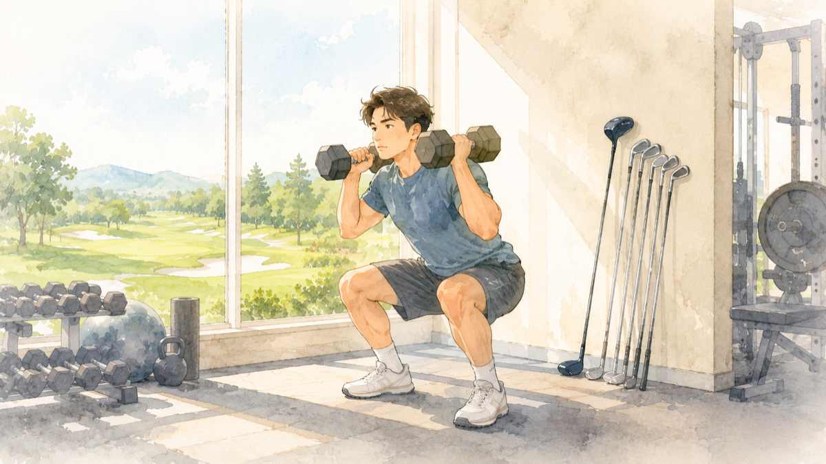練習場ではなくジムでトレーニングをするゴルファーのイラスト
