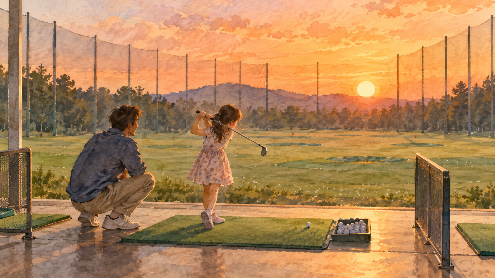 夕方の練習場で、父と小さな女の子がボールを打っているイラスト