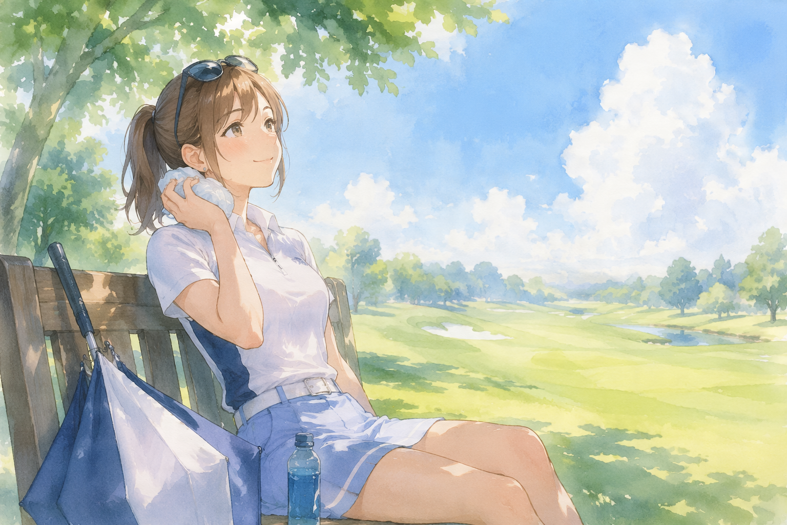 夏のゴルフ場でサングラスと氷のうを使ってひと休みする女子プロ風ゴルファーのイラスト