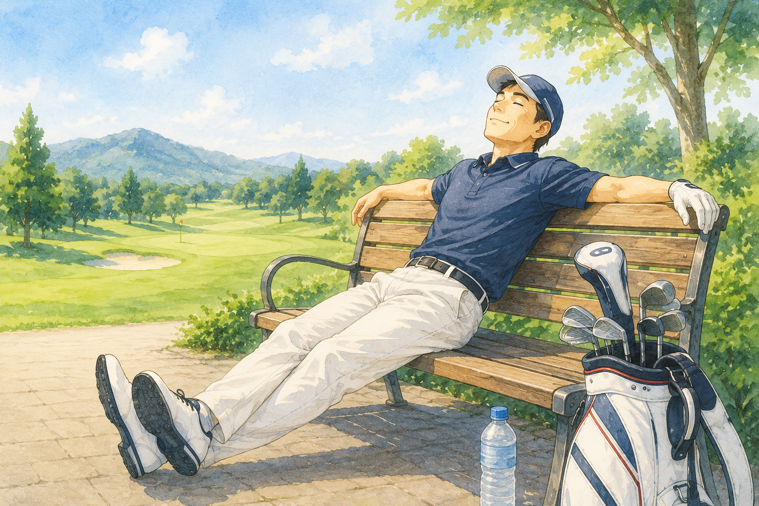 ラウンド後にベンチで体を伸ばしてひと休みする人のイラスト