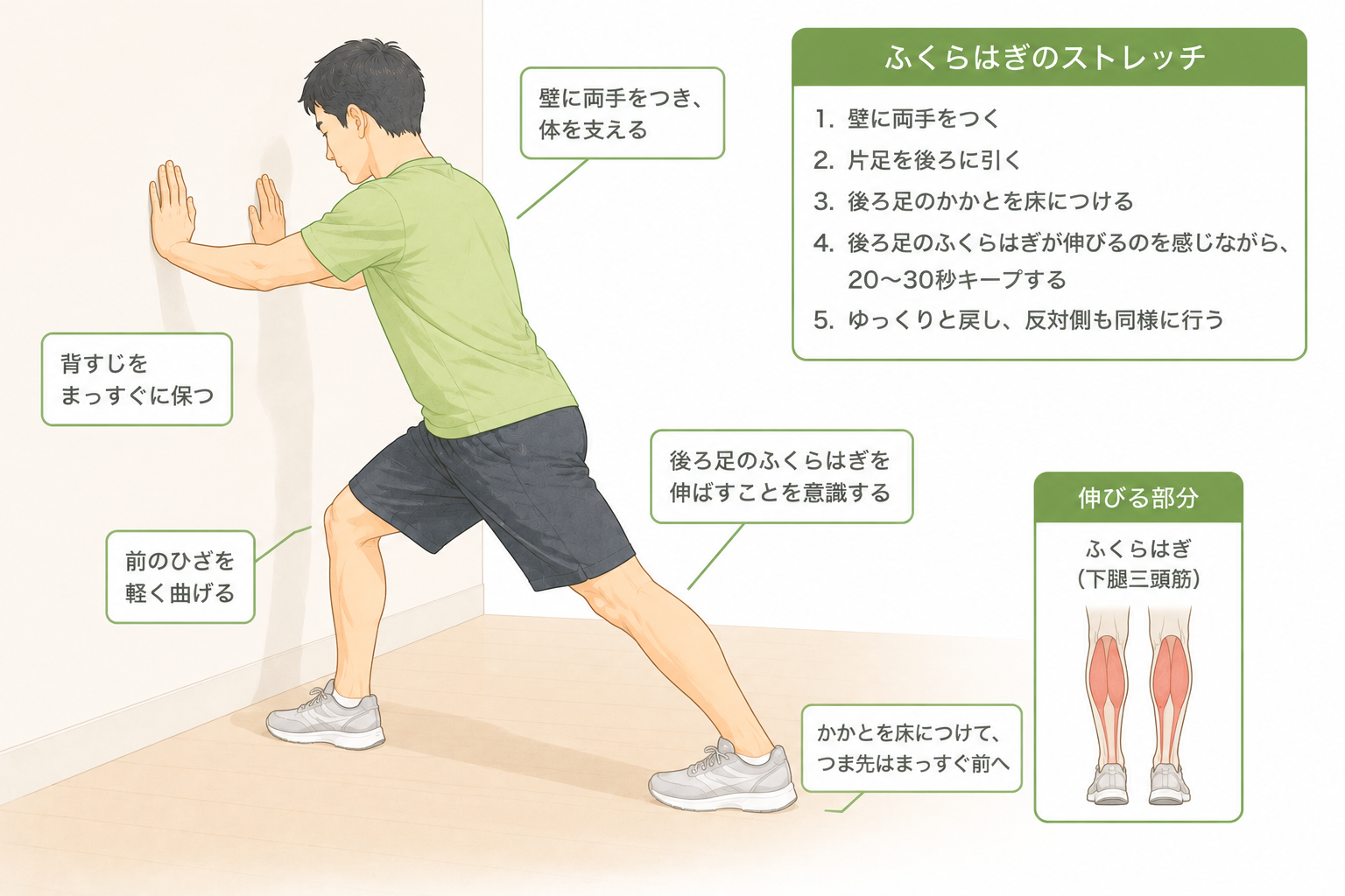壁に両手をつき、片足を後ろに引いてかかとを床につけ、後ろ足のふくらはぎを伸ばすストレッチ