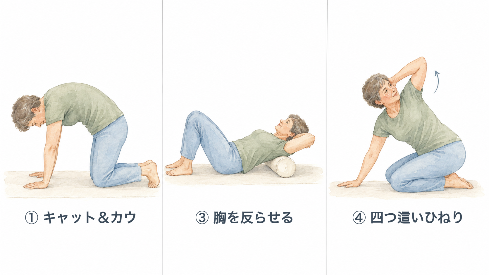 キャット＆カウ、フォームローラーで胸を反らせる運動、四つ這いひねりの3つを並べた図解