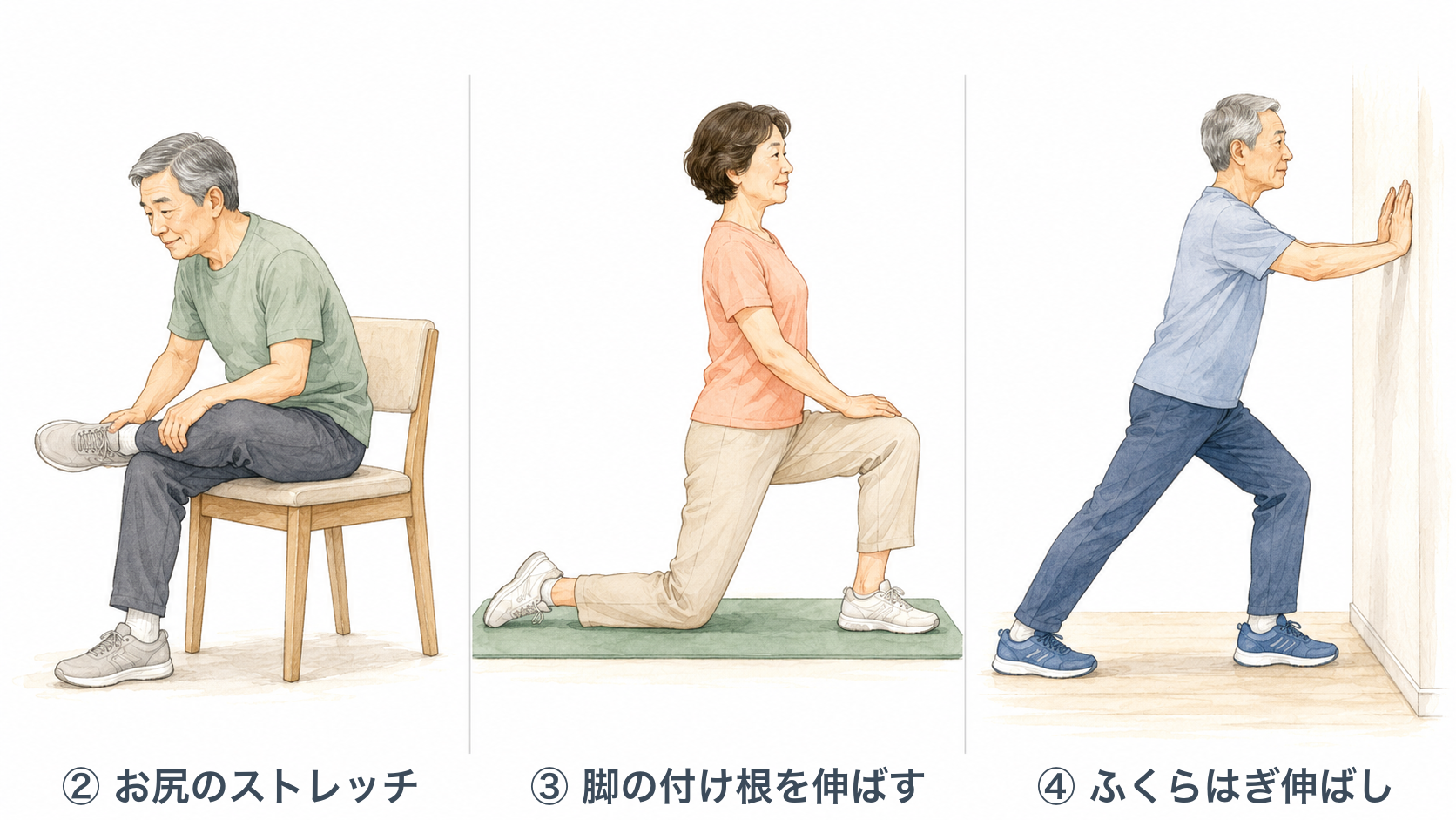お尻のストレッチ、脚の付け根を伸ばす運動、ふくらはぎ伸ばしの3つを並べた図解