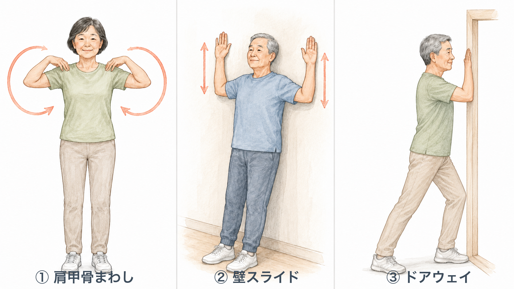 肩甲骨まわし、壁スライド、ドアウェイストレッチの3つを並べた図解