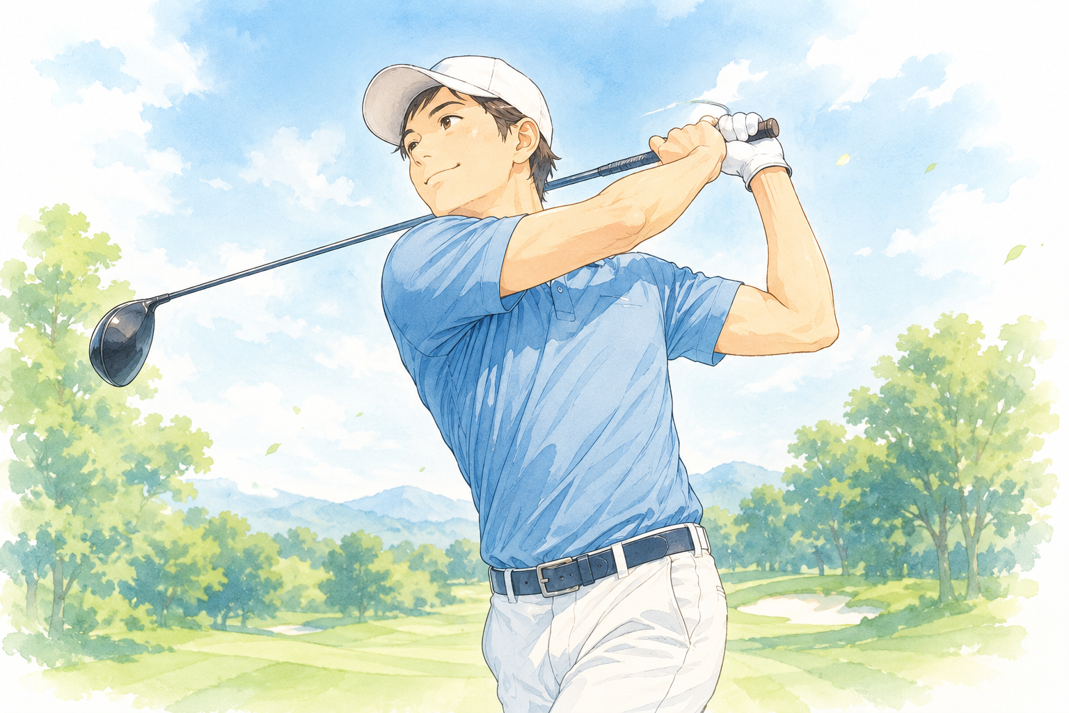 上半身を大きくひねってスイングする人のイラスト