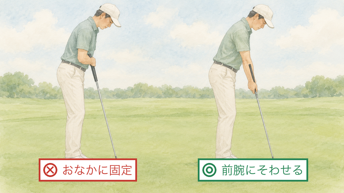 長いパターのグリップの端をお腹に当てて構えているゴルファーと、前腕に沿わせて構えているゴルファーを並べた図