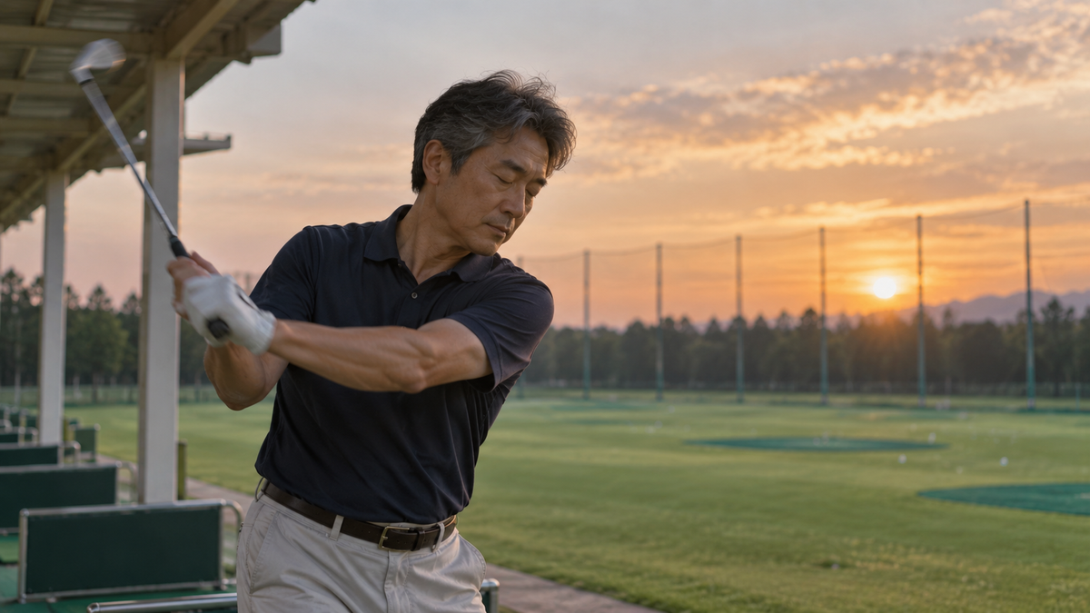 夕暮れの練習場で、目を閉じてゆっくりクラブを振る男性の写真