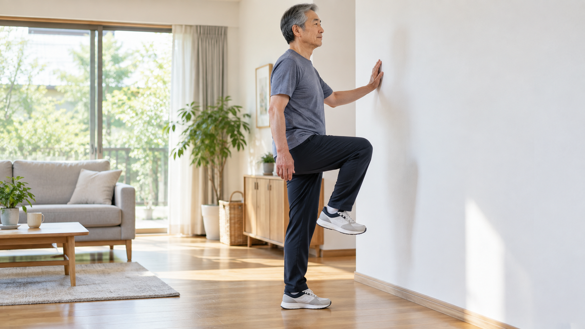 明るい部屋で、壁に片手を添えて片脚立ちをする男性の写真