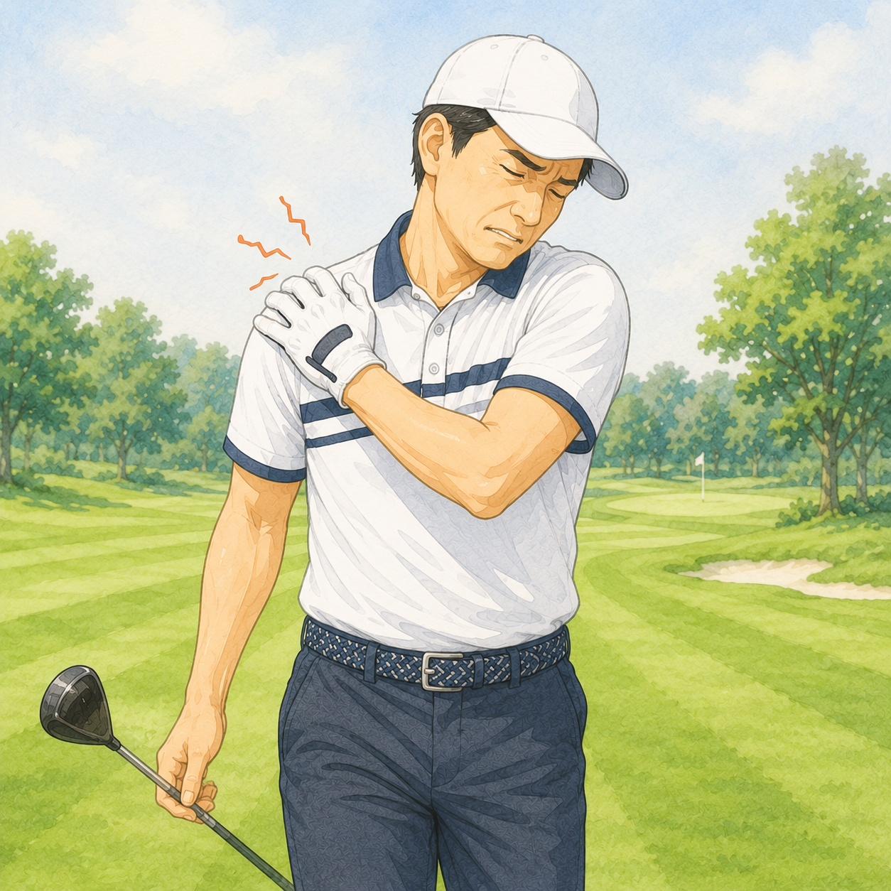 ゴルフのスイングで肩に手を当てる人のイラスト