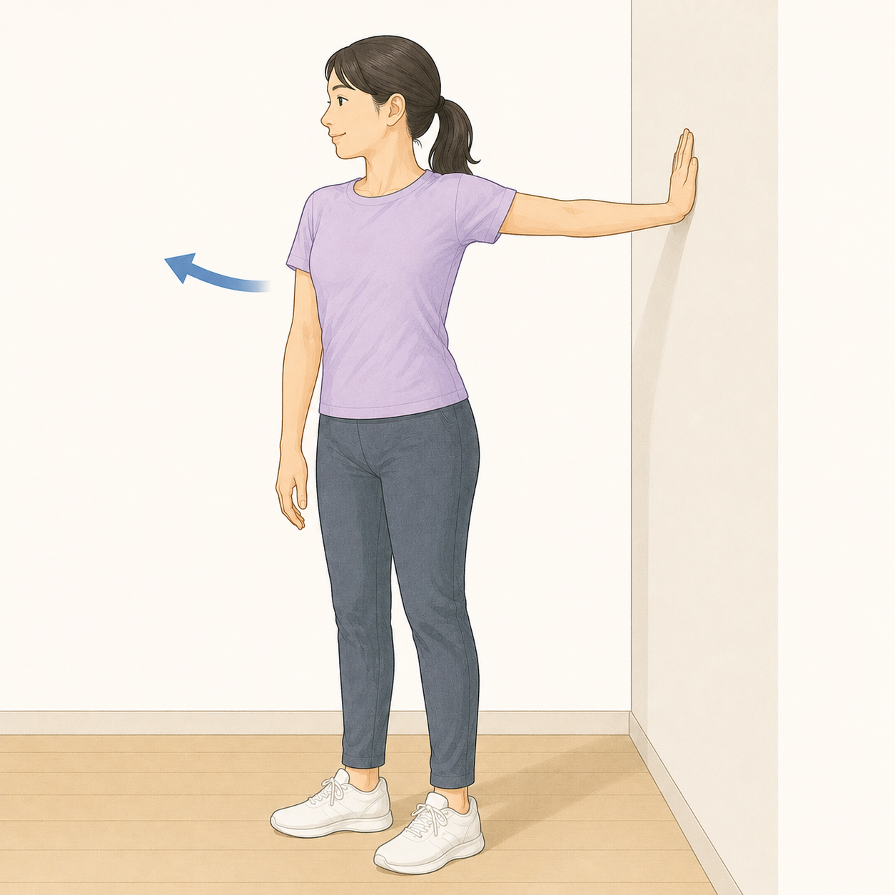 壁に片手をつき、体を反対側へひねって胸と肩の前を伸ばすストレッチ