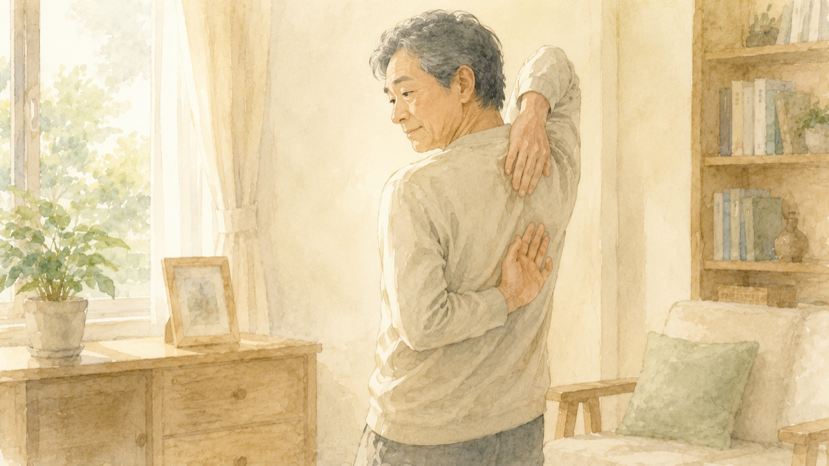 肩の動きを確かめる中高年男性