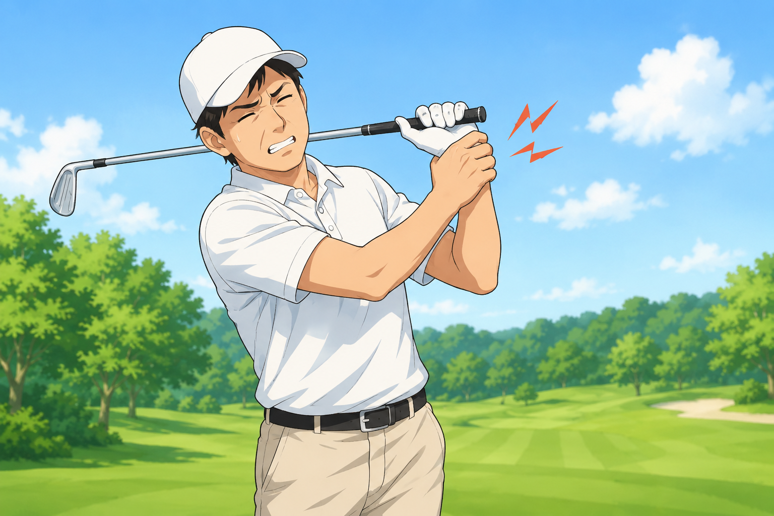 ゴルフのスイング後に手首をおさえる人のイラスト
