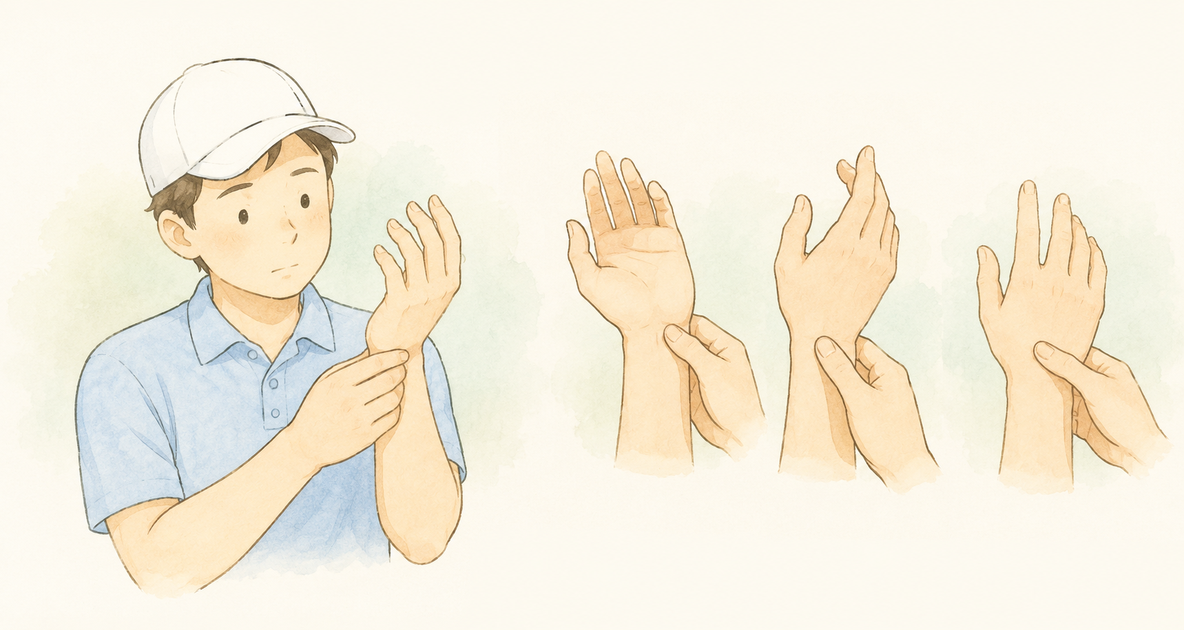 手首の小指側・親指側・甲側のどこが痛むかを確かめている様子のイラスト