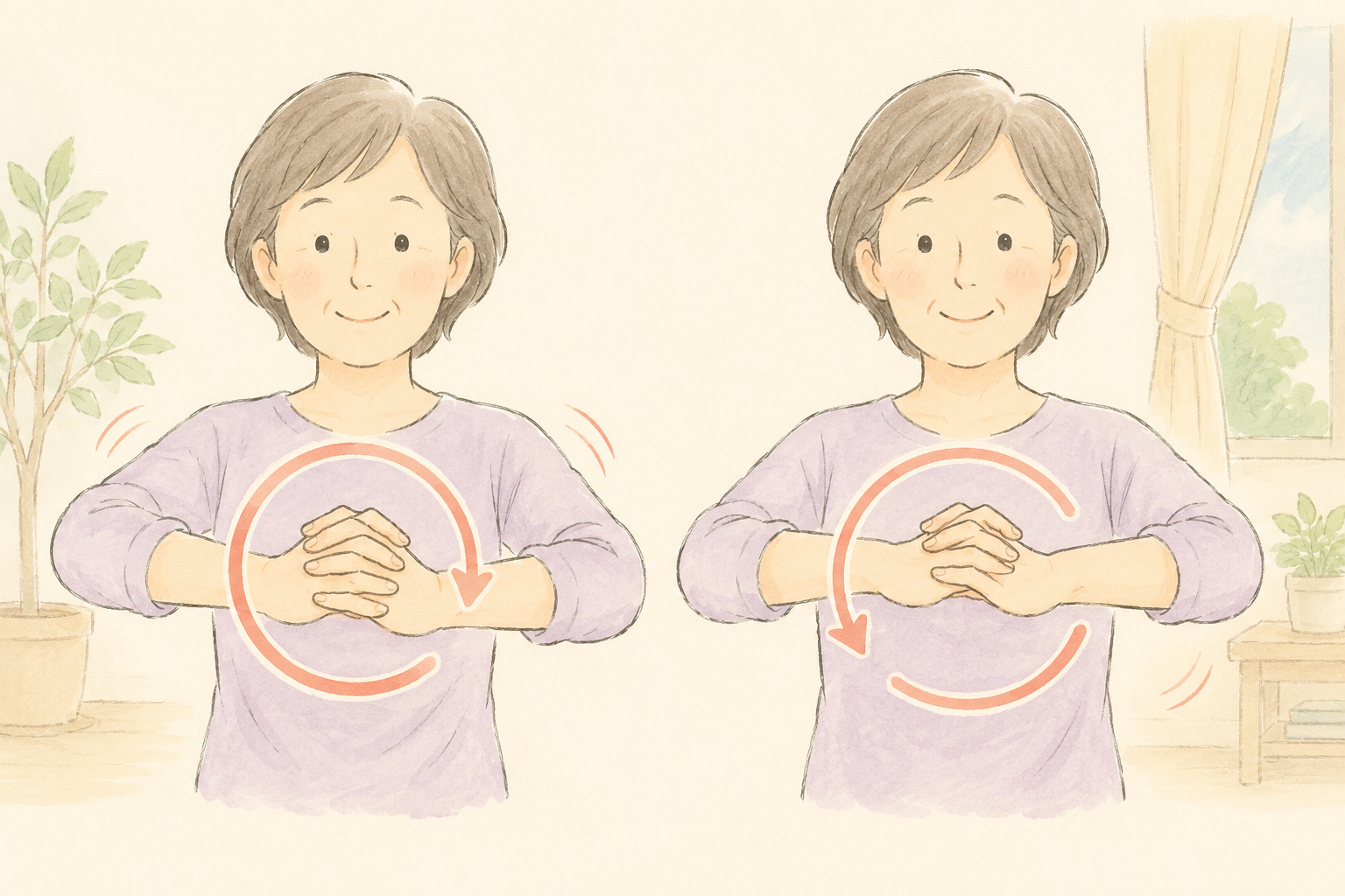 手首をゆっくり大きく回して、こわばりをほぐしている様子のイラスト