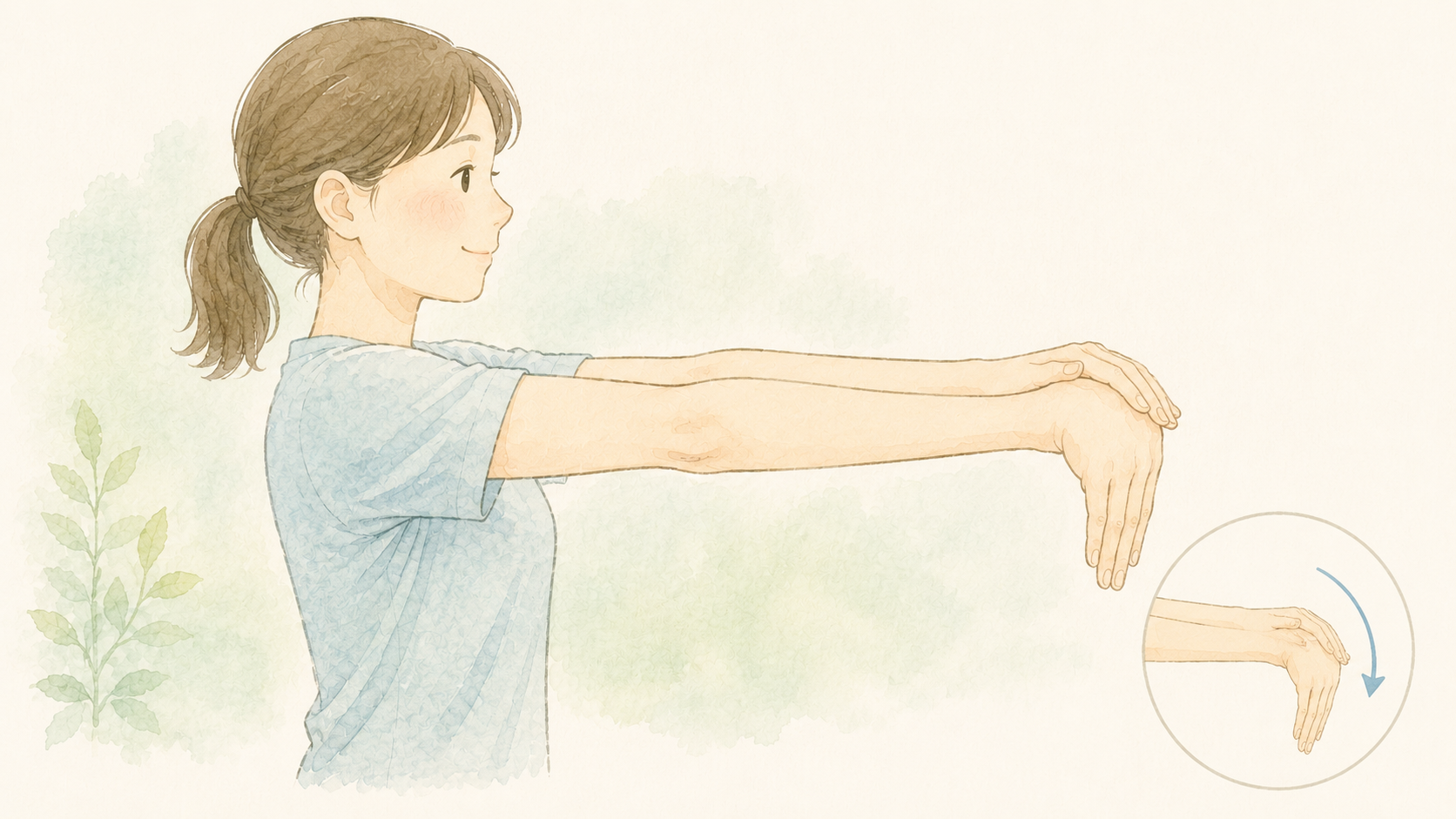 腕を前に伸ばし、手のひらを下に向けて指先を下方向へやさしく倒し、前腕の甲側を伸ばすストレッチ