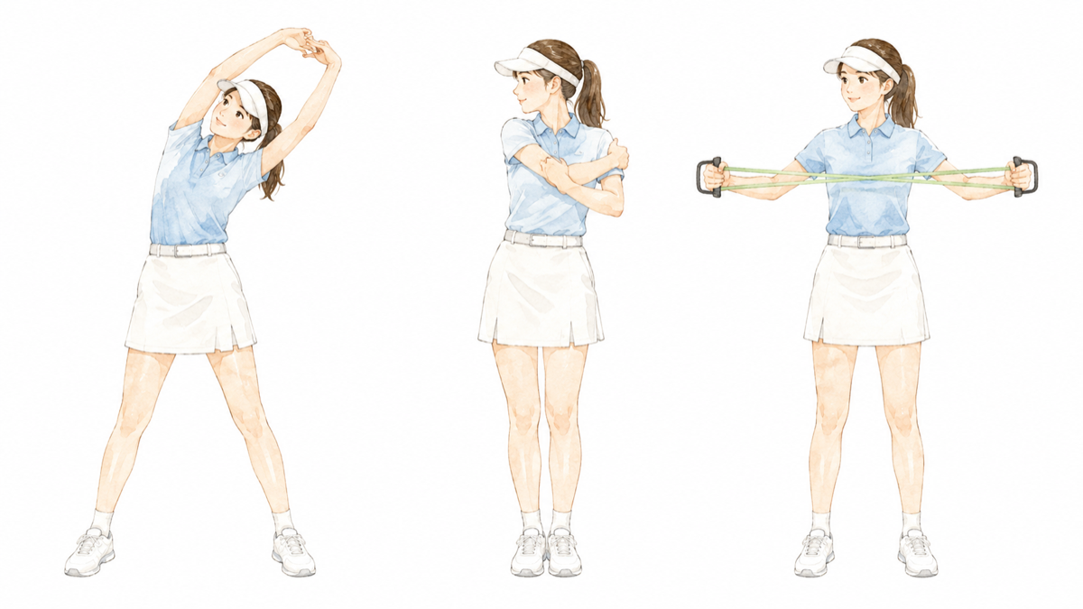 朝の準備をする女性ゴルファーのイラスト