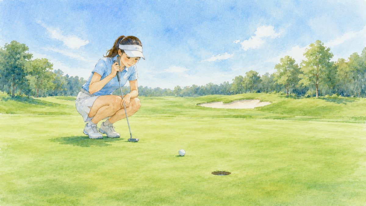 グリーン上でパットのラインを読む女性ゴルファーのイラスト